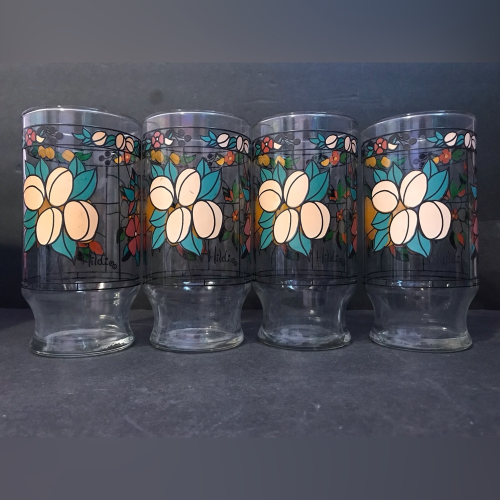 4 Vintage Anchor Hocking Hildi Nectarine Fruit Blossoms Glasses 12 Ounce